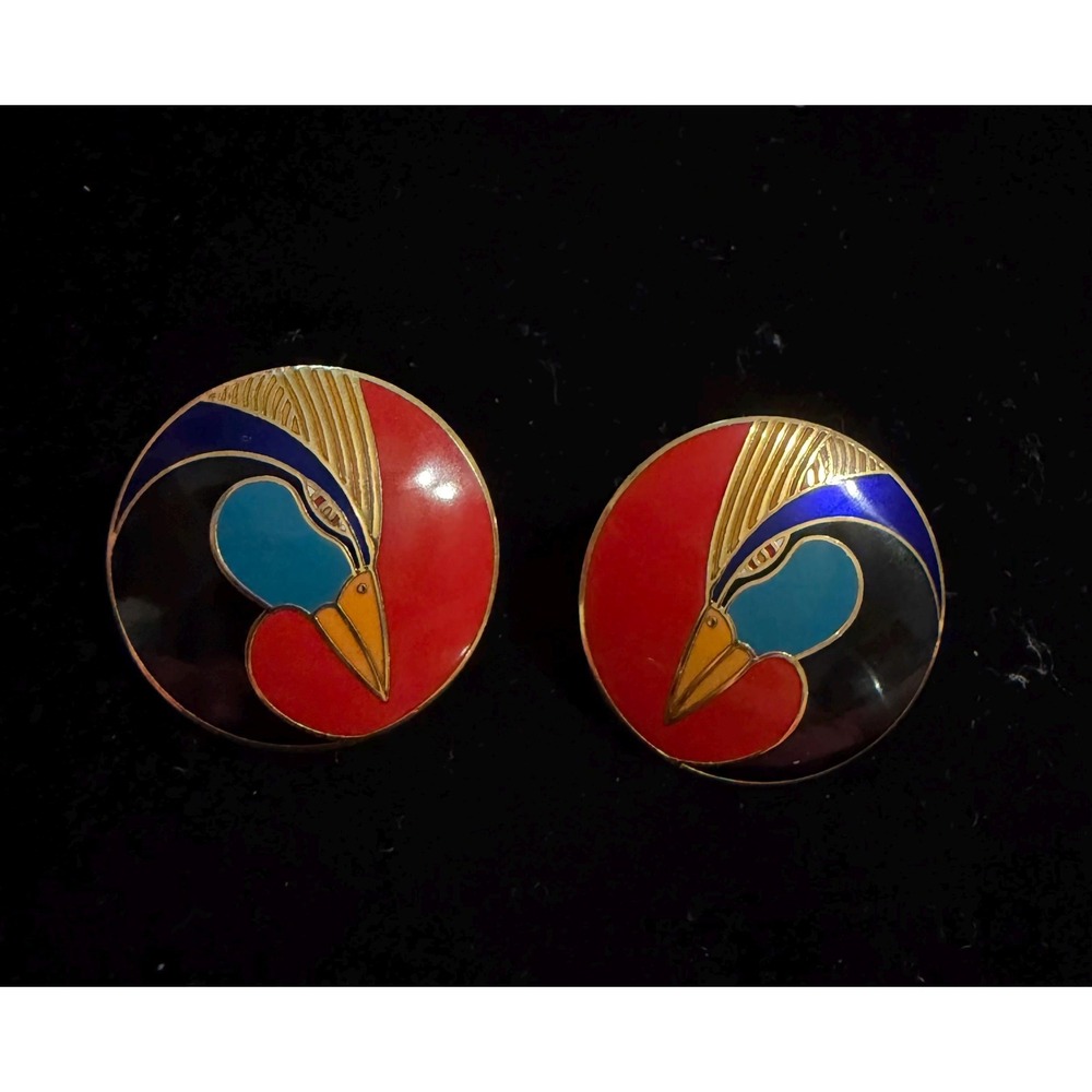 Vintage Laurel Burch Harlequin Bird Red Multi Color Enamel Earrings Pierced
